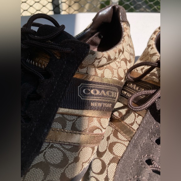 Coach Remmona Tennis Shoe Sporty Sneakers Brown Signature Logo Print Brown Suede - Picture 7 of 17